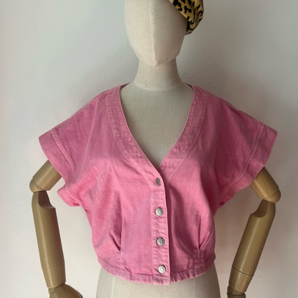 NWT Madewell Retro Pink Button-Up Cotton Denim V-Neck Crop Top Size 12 40 Bust